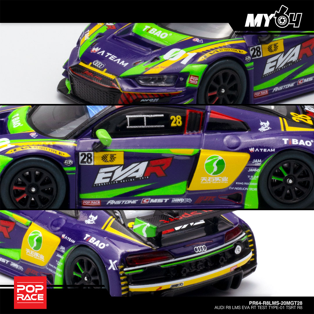 POP RACE PR64-R8LMS-20MGT28 アウディ R8 LMS エヴァ RT 初号機 TSRT R8 Macau GT Cup 2020（綾波レイ RQ フィギュア付） ※1/64スケール