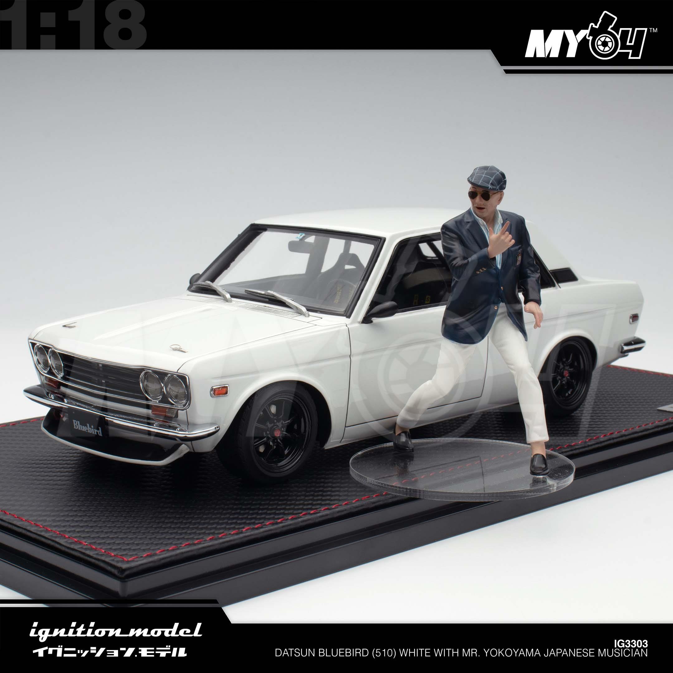 1:18 IGNITION MODEL Datsun Bluebird (510) White with Mr. Yokoyama Japanese Musician