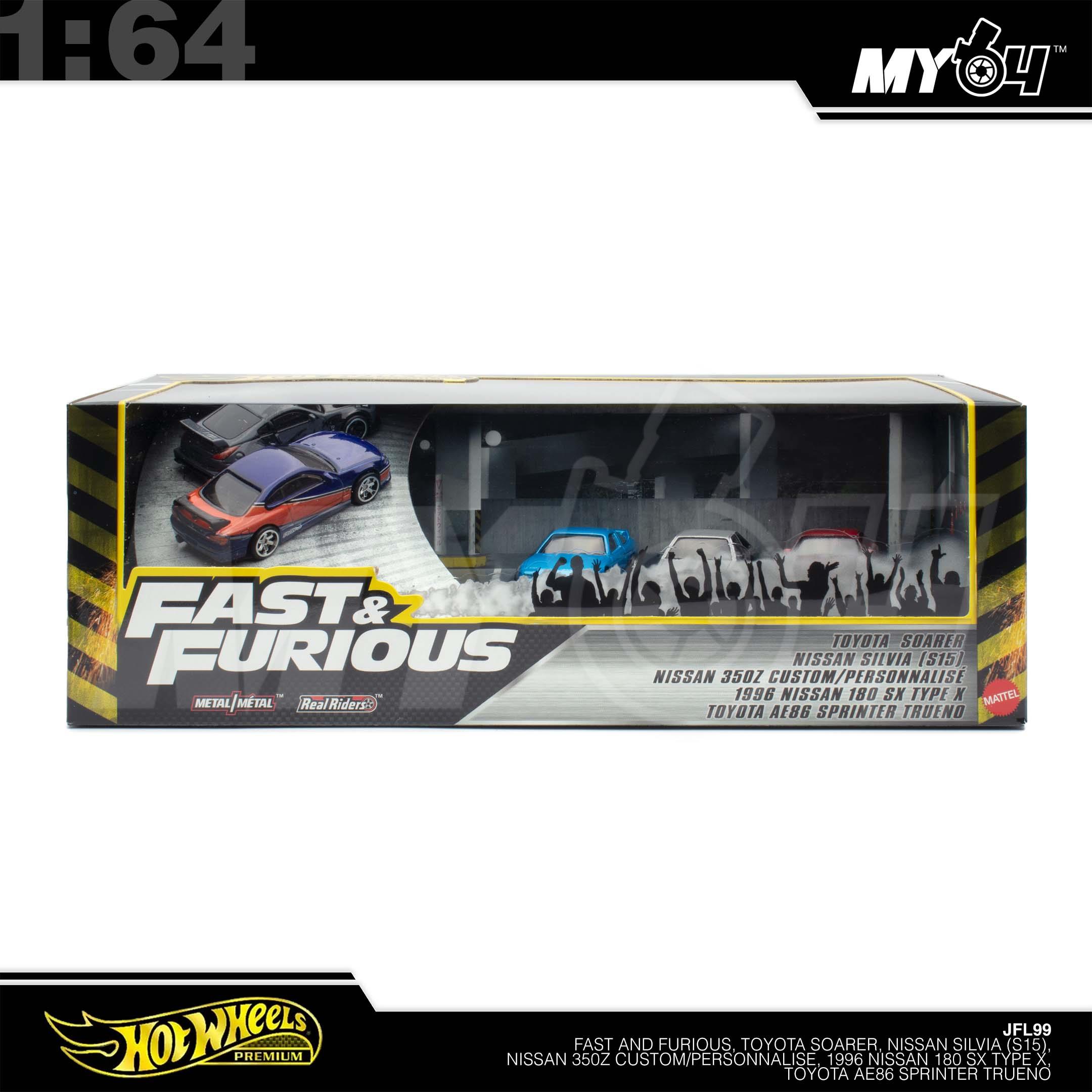 1:64 HOTWHEELS Fast and Furious, Toyota Soarer, Nissan Silvia (S15), Nissan 350Z Custom/Personnalise, 1996 Nissan 180 SX Type X, Toyota AE86 Sprinter Trueno