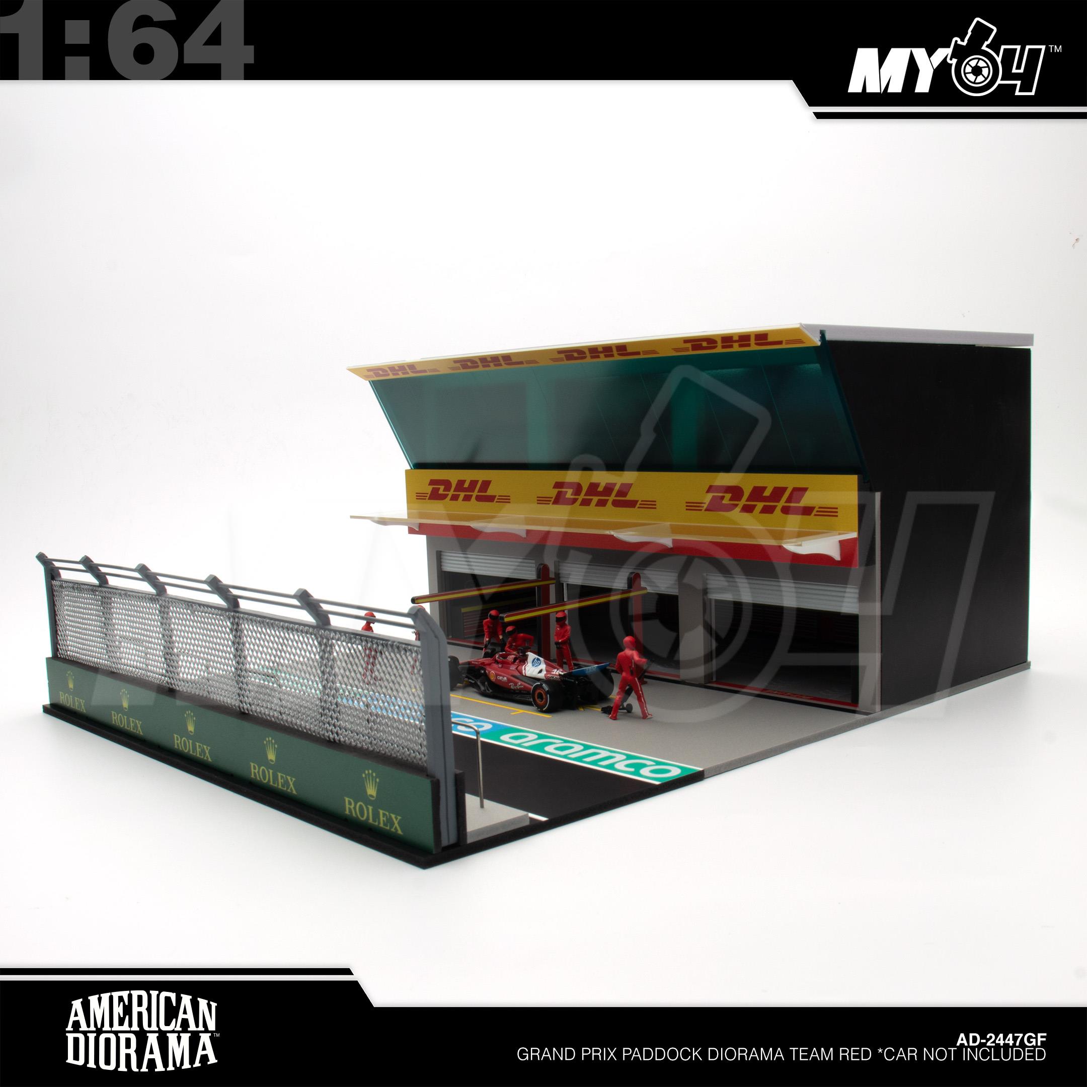 1:64 AMERICAN DIORAMA Grand Prix Paddock Diorama Team Red *Car not Included
