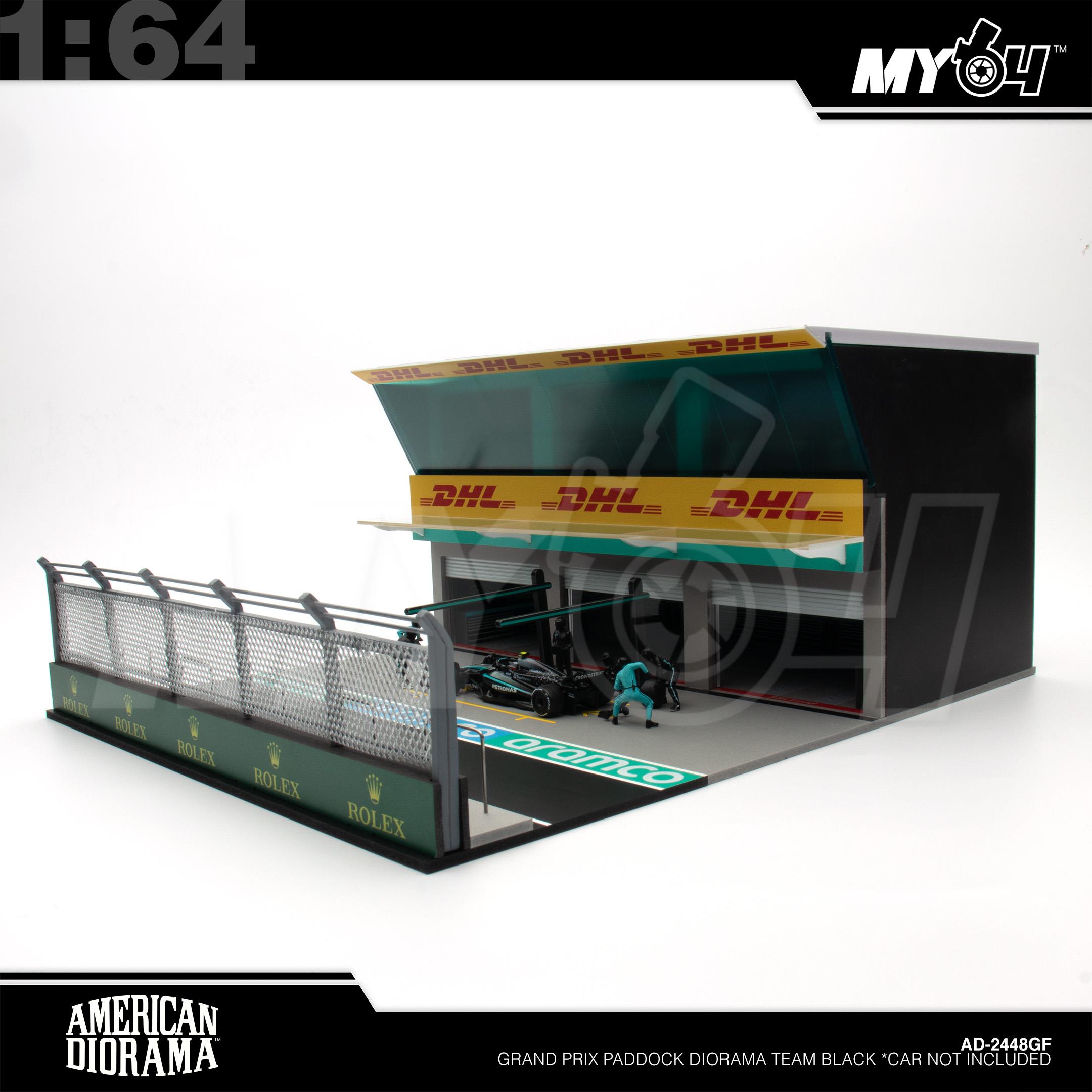 1:64 AMERICAN DIORAMA Grand Prix Paddock Diorama Team Black *Car not Included