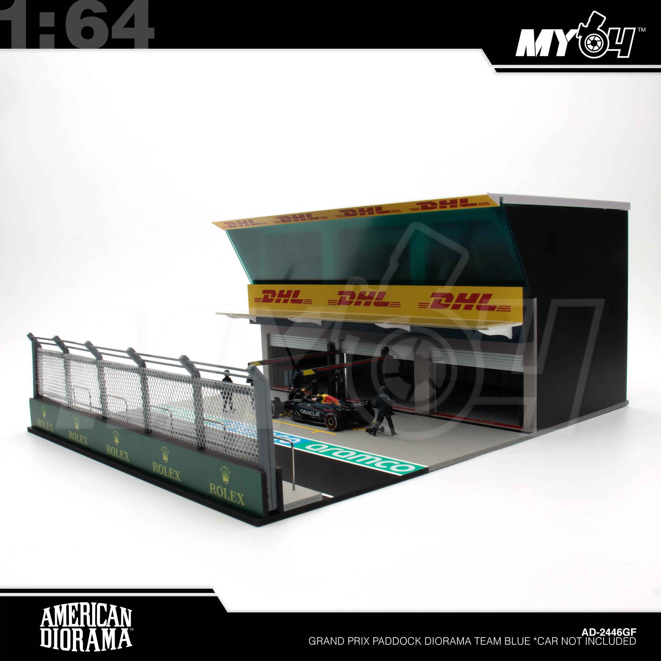 1:64 AMERICAN DIORAMA Grand Prix Paddock Diorama Team Blue *Car not Included