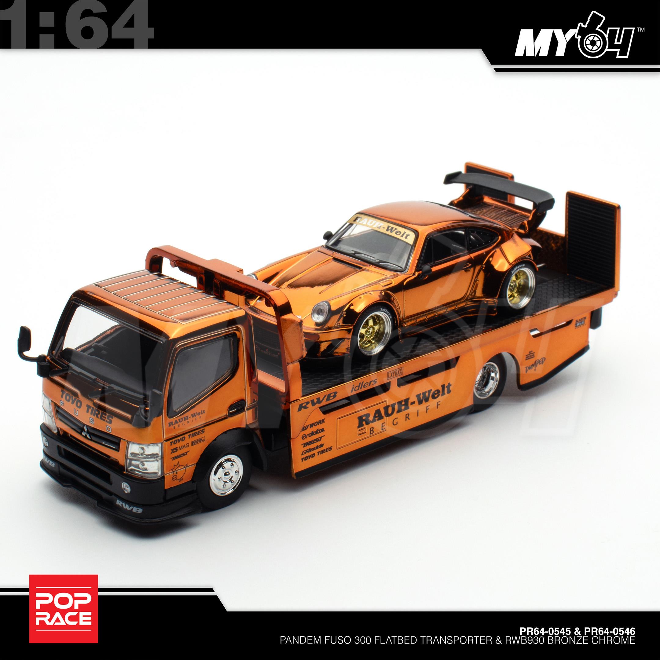1:64 POP RACE Pandem Fuso 300 Flatbed Transporter & RWB 930 Bronze Chrome